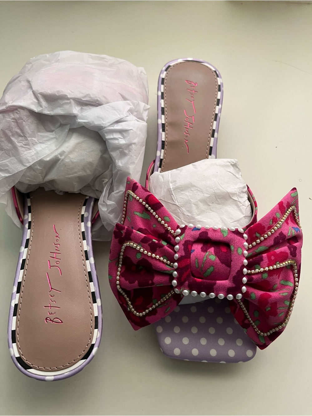 Betsey Johnson AYLAH  Hot Pink Bow Slide Sandals with Purple Polka-Dot Footbed